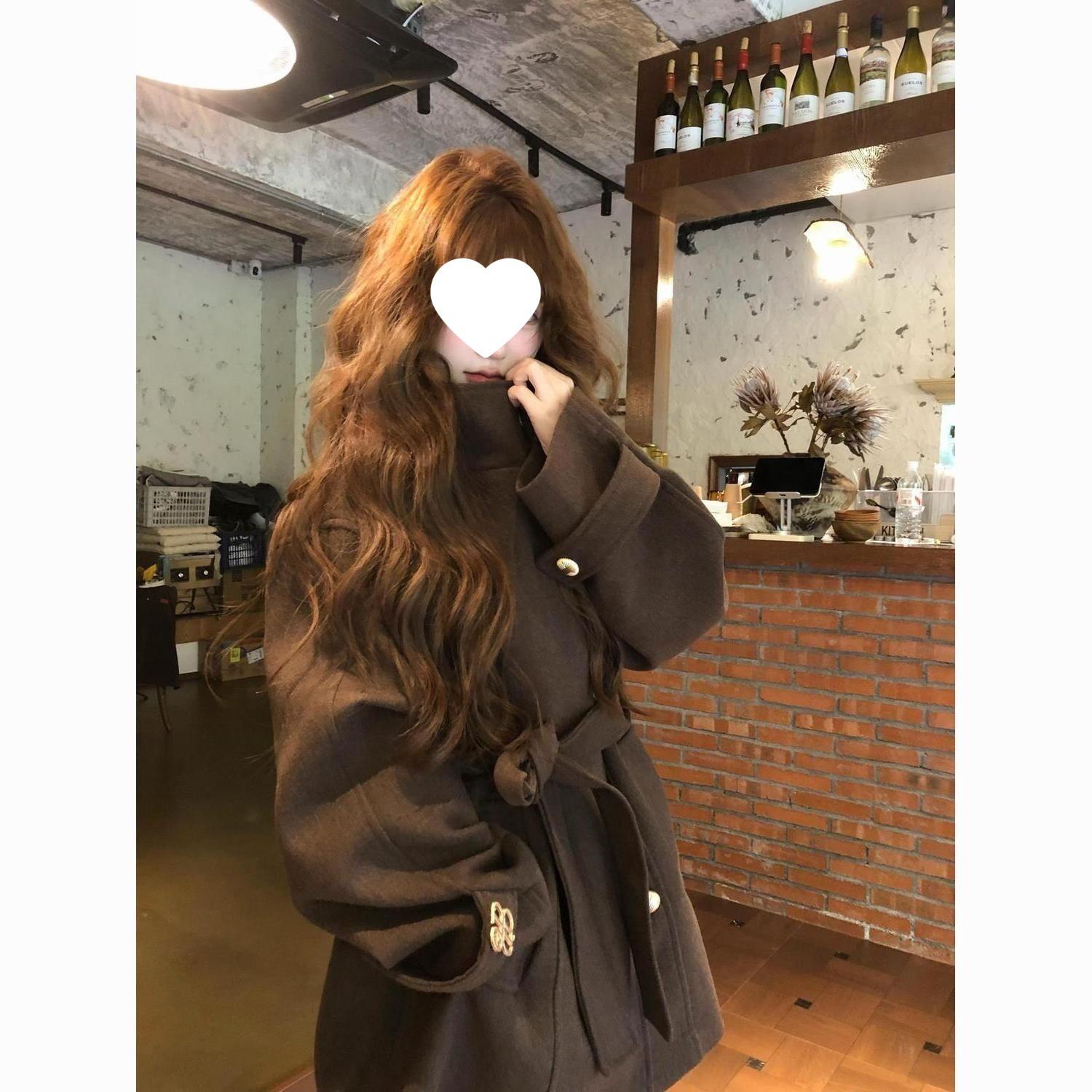 Brown Retro Woolen Stand-Collar Coat with Tie Waist for Autumn/Winter S коричневый
