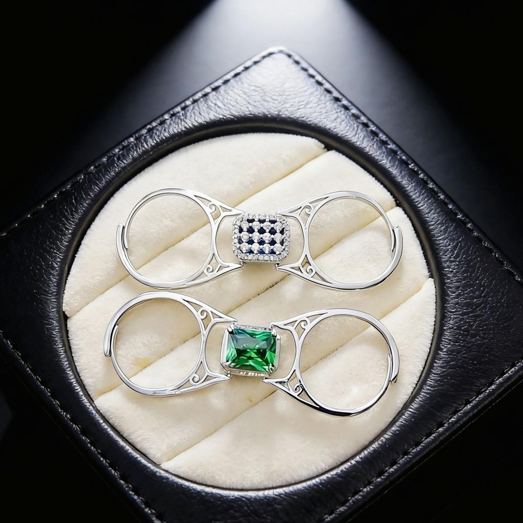 Hand Jewelry Flip Double Ring Double Diamond Ruby Emerald Ring Rectangle Gemstone Lord of the Rings Ring