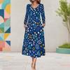 Plus Size Women V Neck Long Sleeve Black Purple Rose Printed A Line Midi Dress With Pockets