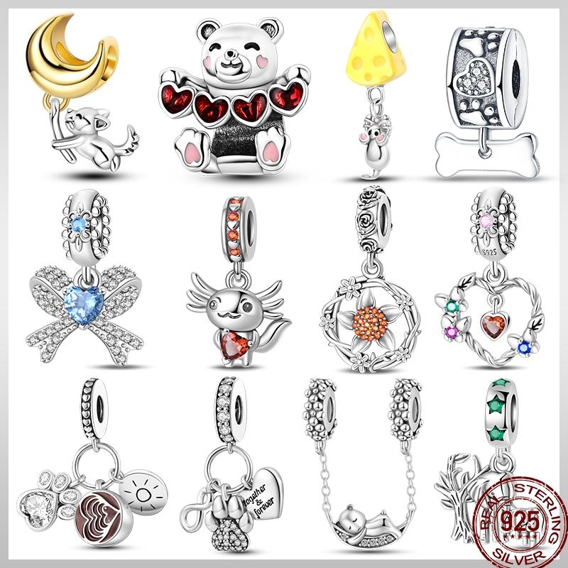 New Copper Blue Bow Pet Cute Bear Shiny Zircon Beads Suitable Fit Pan Original Bracelet Diy Gift Jewelry