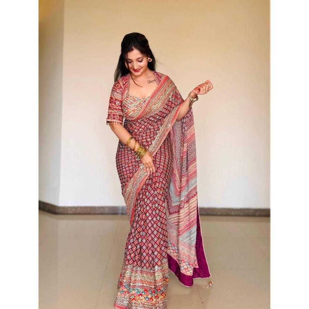 Premium Soft Chinon Printed Mirror Work Saree