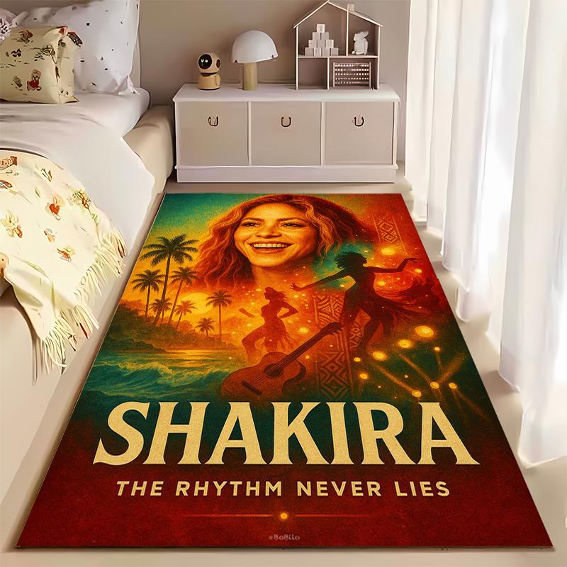 Music Artist Area Rug, Shakira Rhythm Never Lies Tropical Palm Dancer Guitar Print, Latin Music Fan Decor, Non-Slip Mat