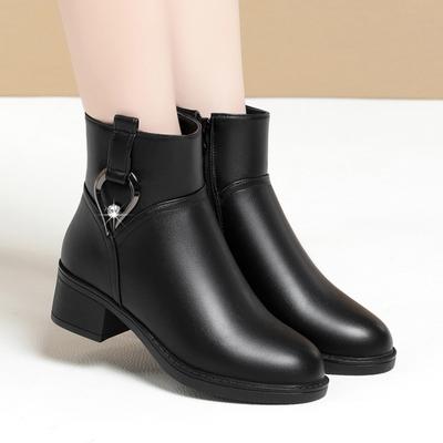Stivali in pelle con strass da donna, autunno inverno, scarpe calde in cotone, tacco basso, testa rotonda, cerniera laterale, scarpe in cotone per la mamma