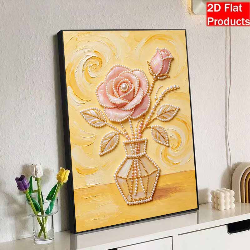 DIY Frameless Pearl Painting Kit Elegant Pink Rose Vase 3D Shiny Bead Art Canvas Relaxing Craft for Adults Home Wall Decor Gift