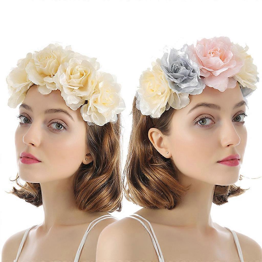Women Wedding Bridal Headband Garland 3D Simualtion Flower Crown Beach Hair Hoop Gray