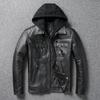 Chinese Size Removable Hooded Leather Jacket Men Genuine Cowhide Leather Coat Slim Biker Clothing Mens Coat Winter Veste Cuire Homme