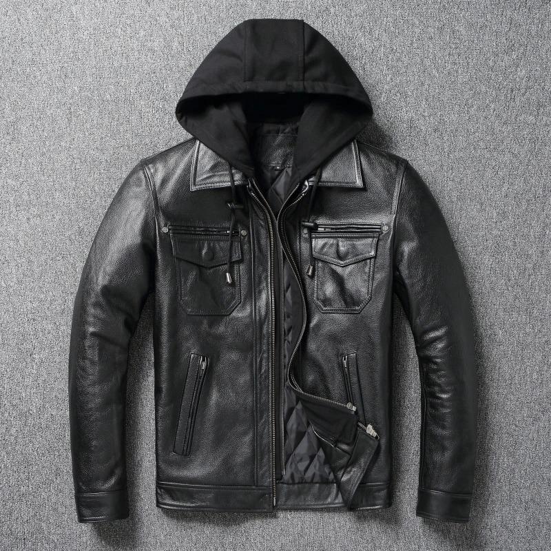 Chinese Size Removable Hooded Leather Jacket Men Genuine Cowhide Leather Coat Slim Biker Clothing Mens Coat Winter Veste Cuire Homme