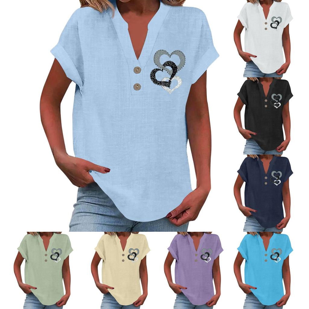 Ladies Casual Fashion V-Neck Button Floral Print Short Sleeve Top