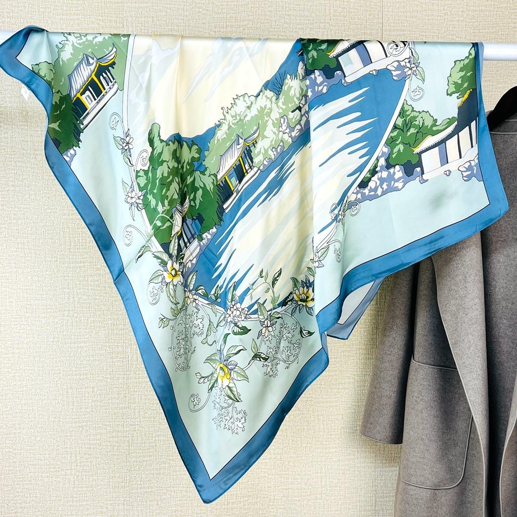 Guochao Chinese Landscape Painting Lotus Flower Versatile 100 Mulberry Silk Square Scarf Thin Shawl Women'S Silk Scarf Silk Scarf