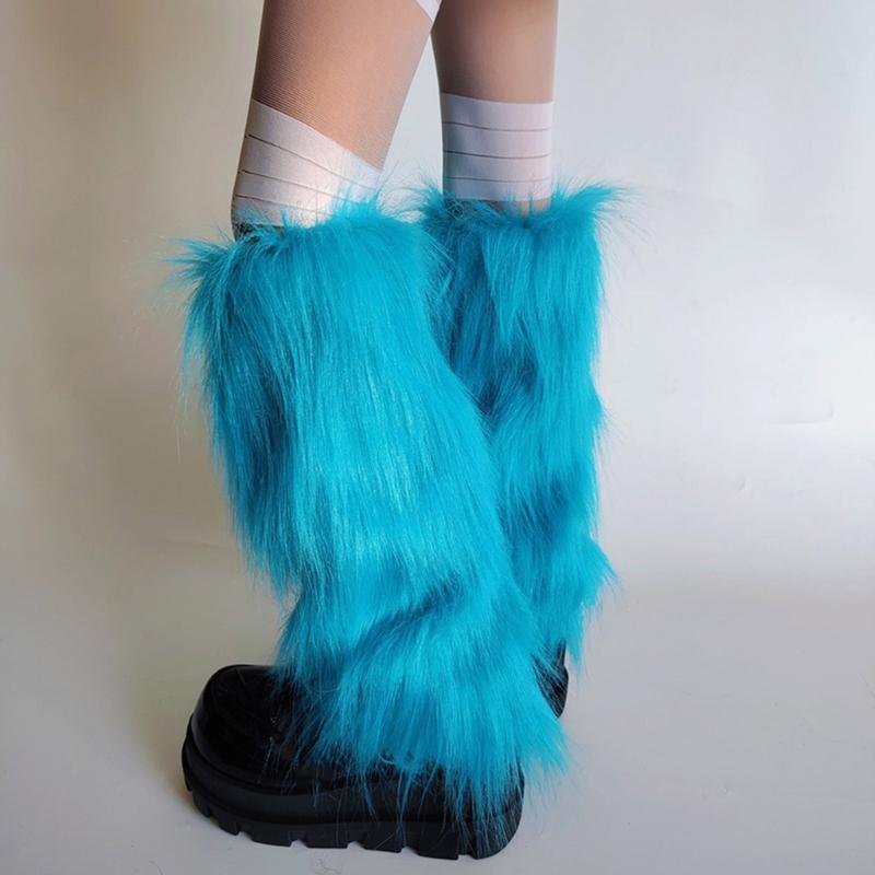 Women's Fuzzy Bright Blue Leg Warmers Soft Plush Winter Accessory for Costume Parties Furry Boot Toppers Footless Socks