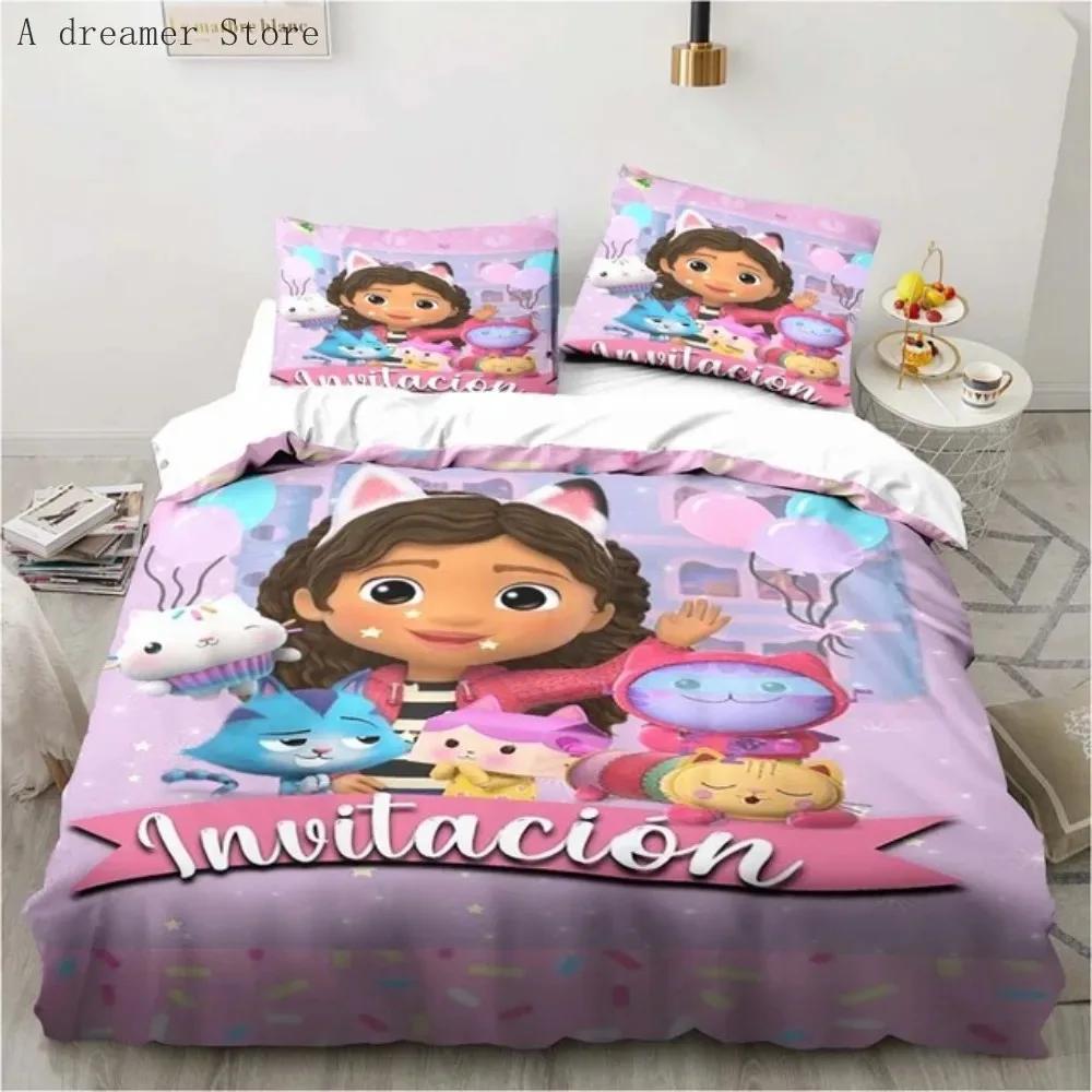 Gabbys Dollhouse Characters Bedding Set Cartoon Duvet Cover Pink Bedclothes Single Double Queen King Size For Girl Bed Set