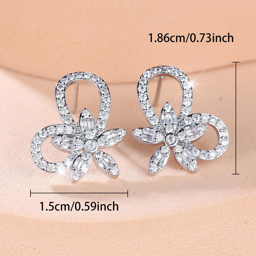 Cute Female White Zircon Silver Color Flower Stud Earrings Lovely Bridal Wedding Jewelry For Women