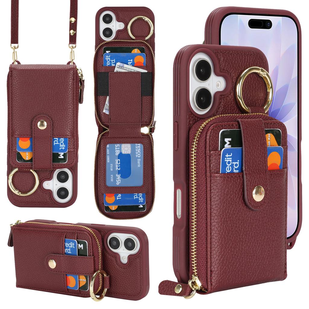 For iPhone 17 Case with Zipper Pouch / Ring Kickstand / Strap Litchi Texture PU + TPU Phone Cover