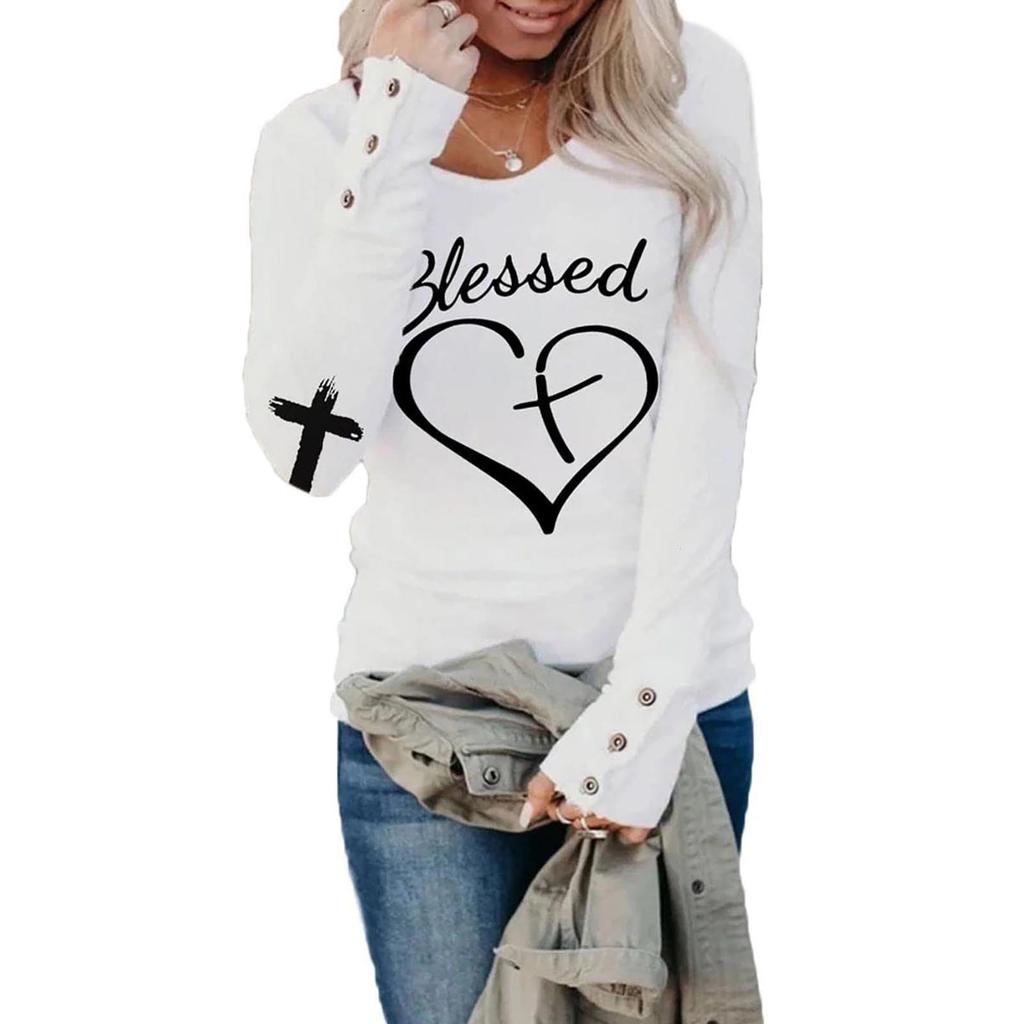 Tshirts For Women Long Sleeve,Round Sleeve Vertical Cross Casual Graphic Shirt,
