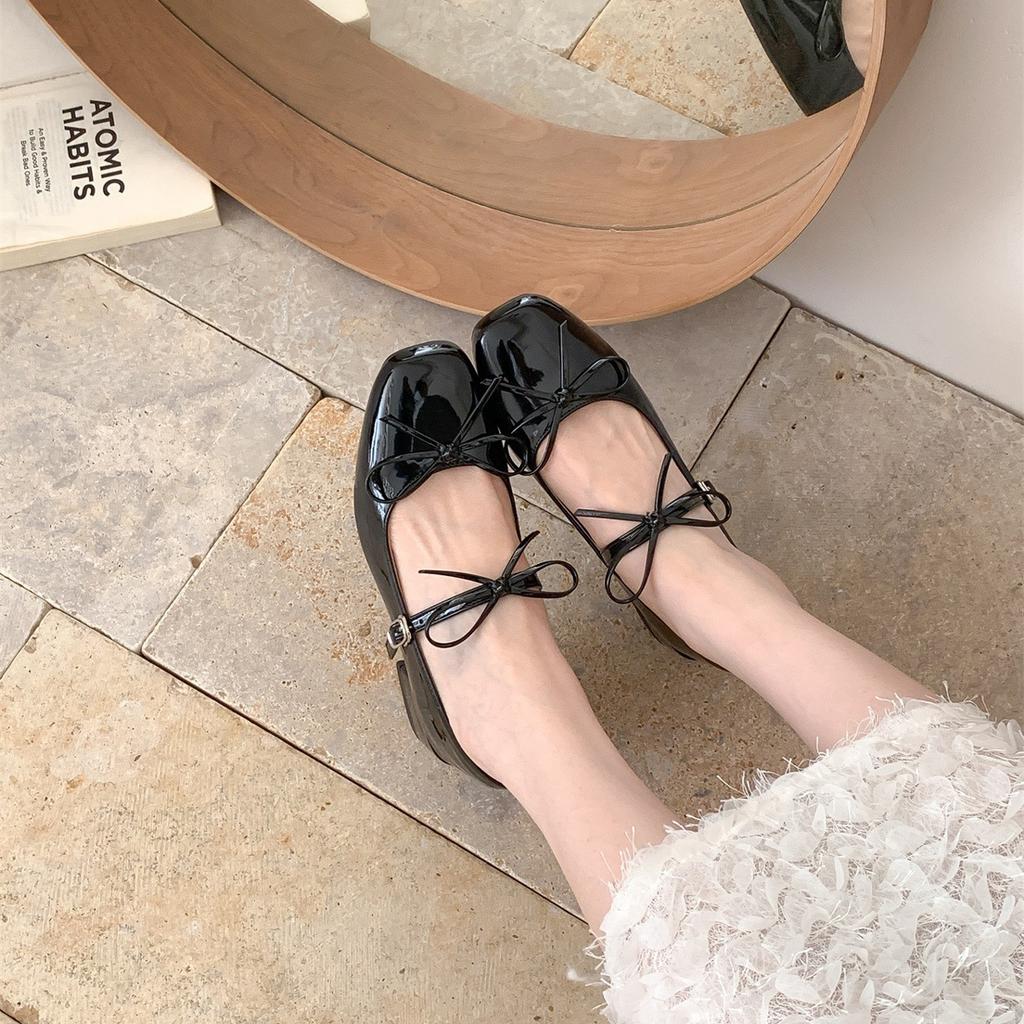 Coarse Heel Version~ Temperament Bow Light Mouth Single Shoes Spring and Autumn Word with Square Head Mary Jane Shoes