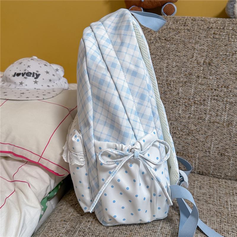 Cute Gingham Polka Dot School Backpack with Bow Detail Lace Trim Lightweight Zipper Daypack for Teen Girls Travel