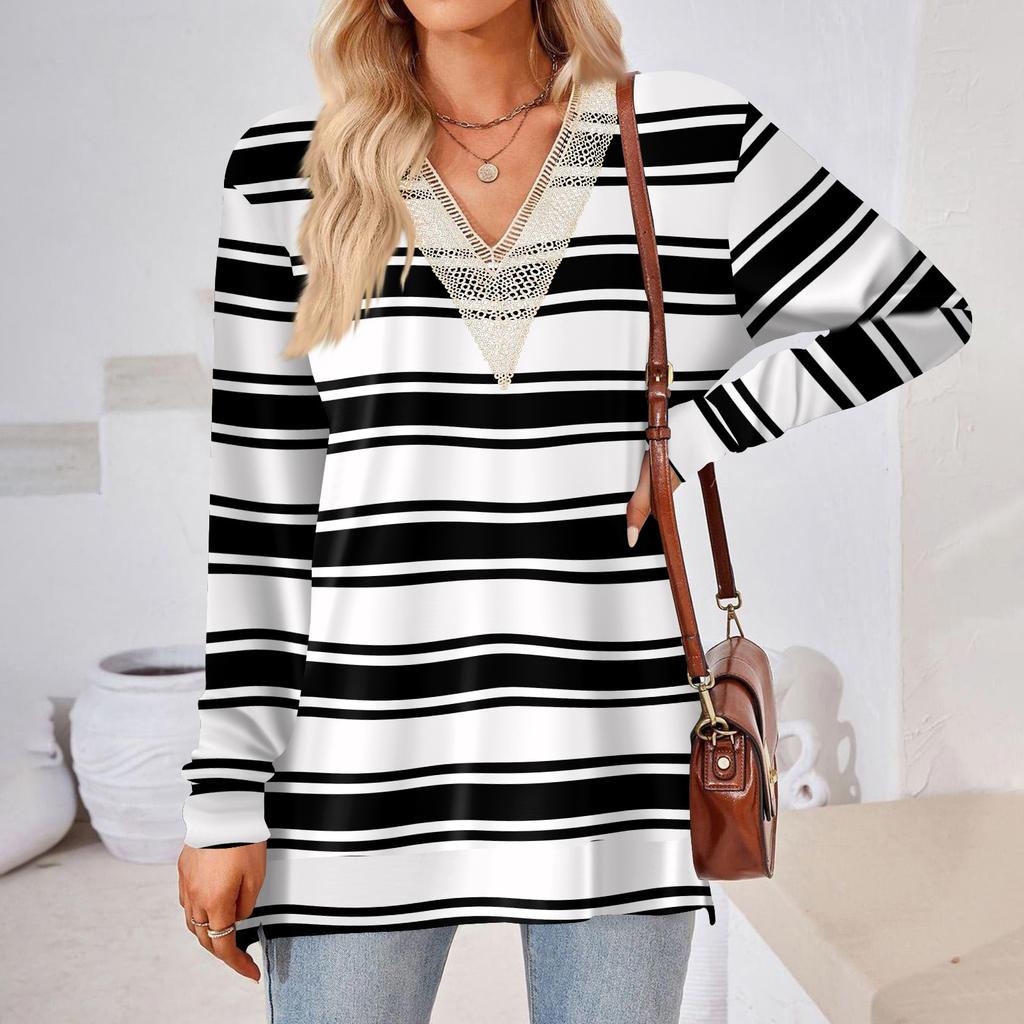 Womens Tops Loose V-neck Contrast Color Split Loose Long Sleeve T-shirt Women's Tops