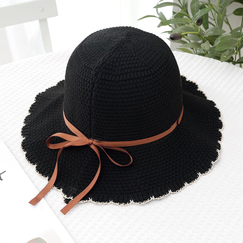 Small standard bucket hat female Korean version tide brand spring and summer knitted bucket hat Japanese streamer retro lace pot hat versatile