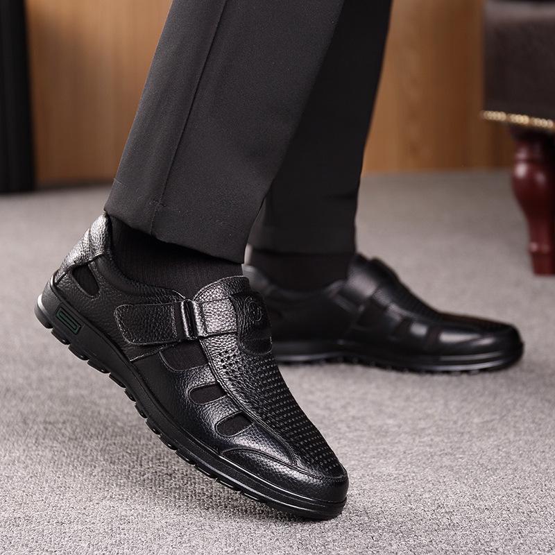 Summer leather hollow sandals Velcro hole shoes breathable casual men's shoes soft sole dad cool leather shoes men's 7688