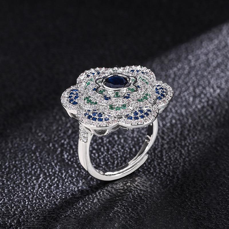 European and American Ring Simulation Color Treasure Retro Wind Sapphire Color Matching Stone Shining Diamond Stamen Women's Ring