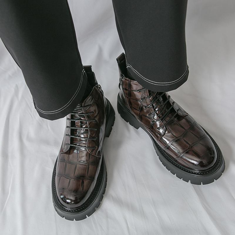 Men Motorcycle Casual Black Outdoor Retro Brown Leather Elevator Shoes High Boots Street Style Punk Boots Large Size