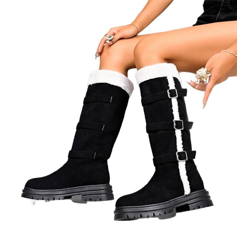 New Winter Fleece Lined Turn Over Long Boots with Buckles Fluffy Thick Snow Cotton Thigh High Boots