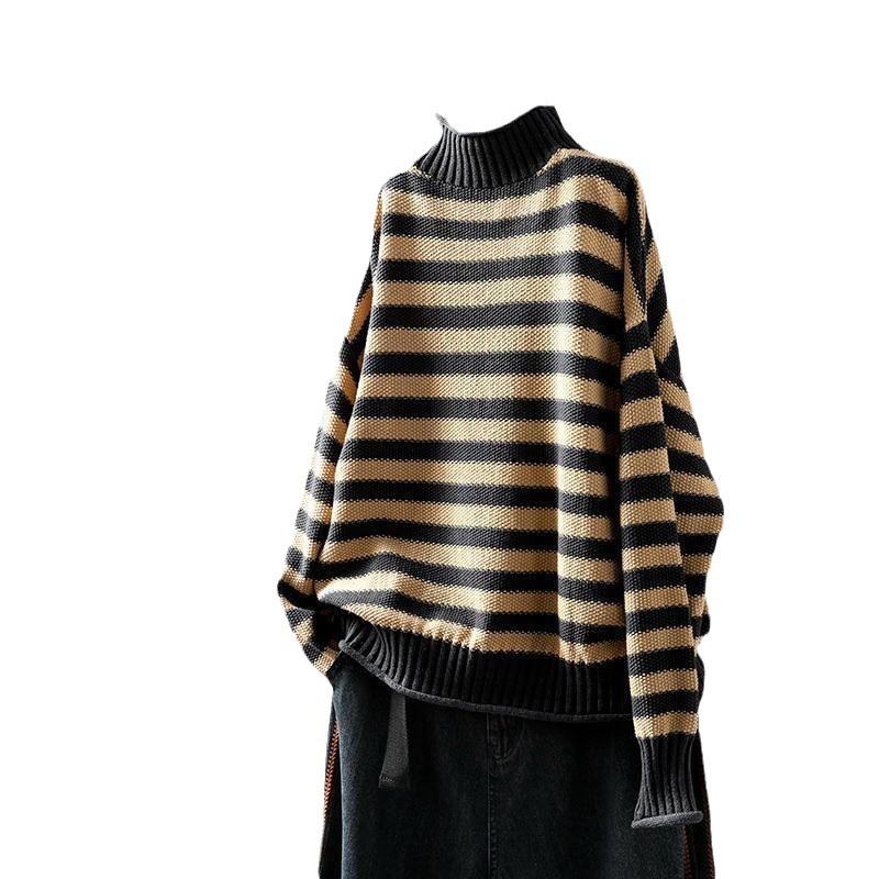 Women's Retro Striped Color Block Half High Neck Sweater - Loose & Casual Knitwear for Autumn/Winter 2026.