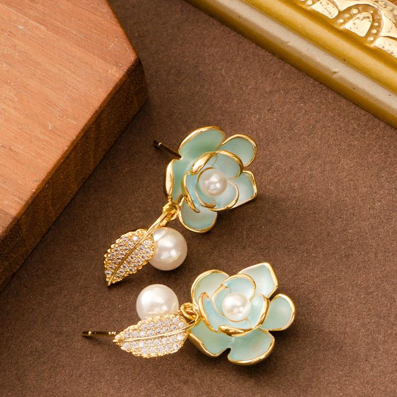 

French fashion exquisite asymmetrical drop glaze inlaid pearl rose flower stud earrings women s high sense versatile temperament earrings
