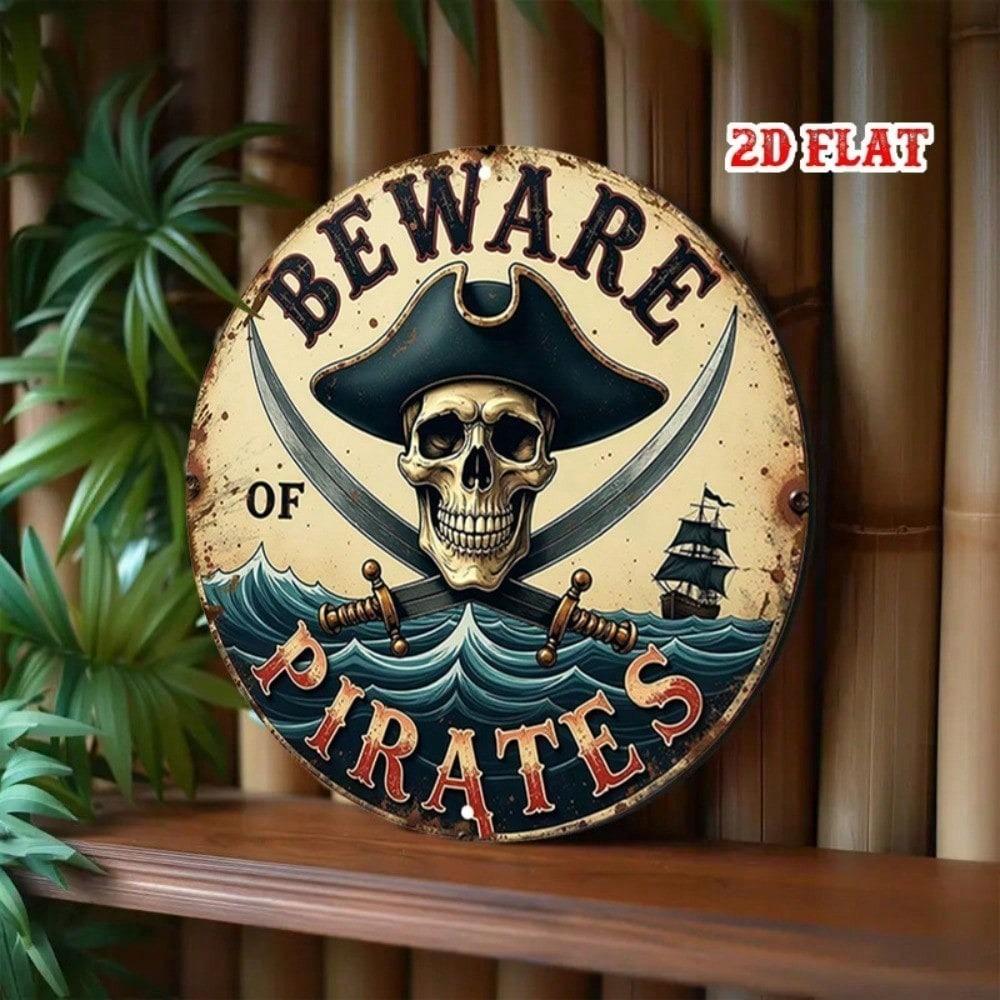 Vintage Nautical Skull Crossbones Rustic Round Metal Wall Art Sign Blue Decor