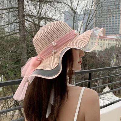 New Foldable Wide-brimmed Girl Straw Hat Pearl Sun Hat Beach Wave Protection Travel Lady Beach Hat