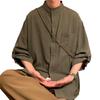 Men Simple Stand Collar 3/4 Sleeve Casual Shirt Solid Color Loose Fit Single-breasted Patch Pocket Shirt Tops Workwear