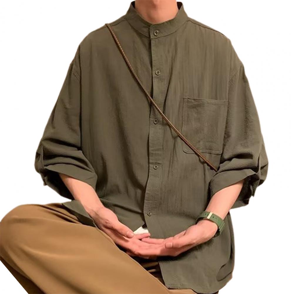 Men Simple Stand Collar 3/4 Sleeve Casual Shirt Solid Color Loose Fit Single-breasted Patch Pocket Shirt Tops Workwear