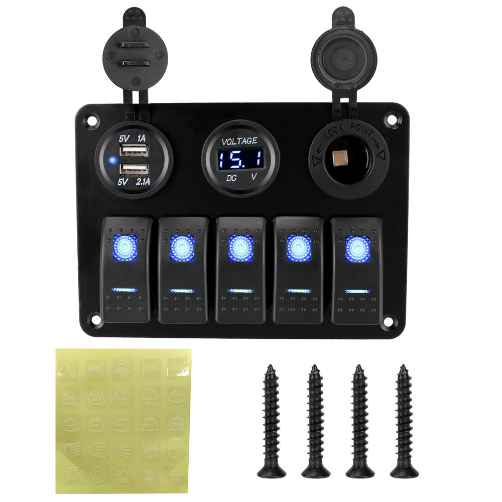 Dobbel USB-sporsocket 12/24V uttak Kombinasjon Digital spenning Vanntett for Marine Car Rv Vehicles Lastebil med sikring 5 Gangs LED Vippebryterpanel