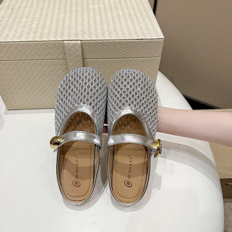 Silver flat bottom hollow bag head half slippers women's outer wear 2025 spring and summer with skirt breathable versatile cool slippers