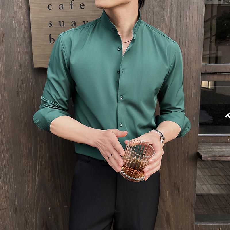 Spring Chinese Style High End Stand Up Collar Shirt Men's Long Sleeve Elastic Slimming Social Dress Shirt