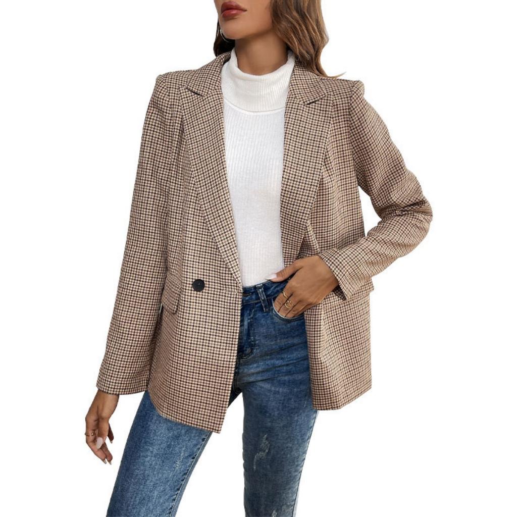 2025 New Spring Autumn Vintage Houndstooth Blazer Women's Office Casual Commute Outerwear