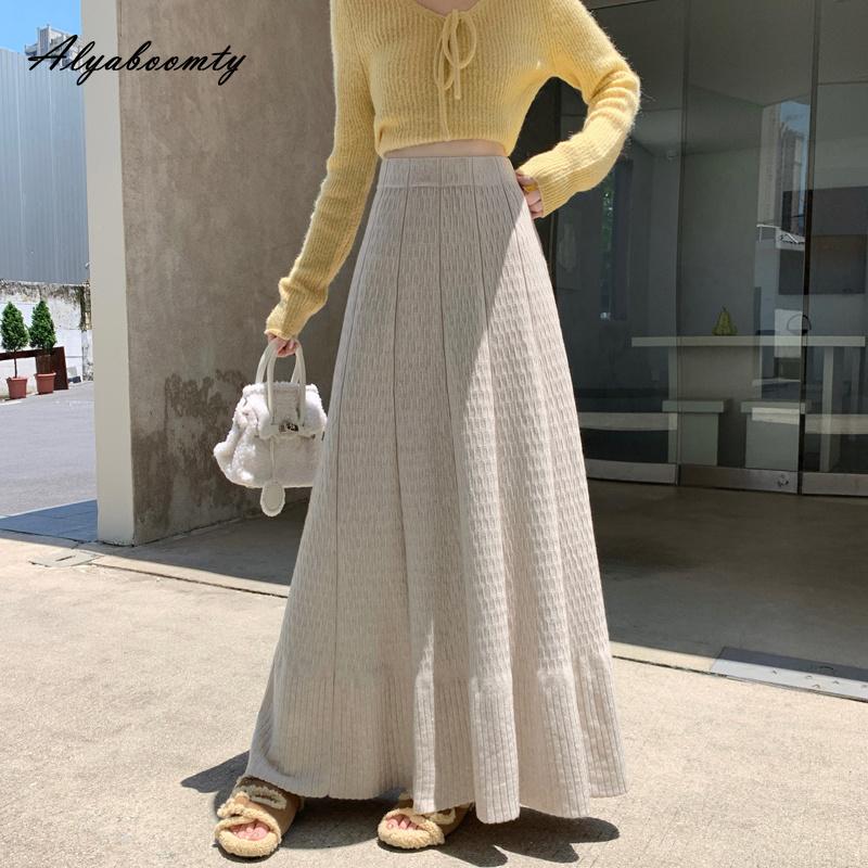 Elegant Fashion Autumn Winter Women Maxi Long Ruffles Skirt High Waist Beige Black Gray Knitted Skirt Knitted Sweet Princess Warm Skirt