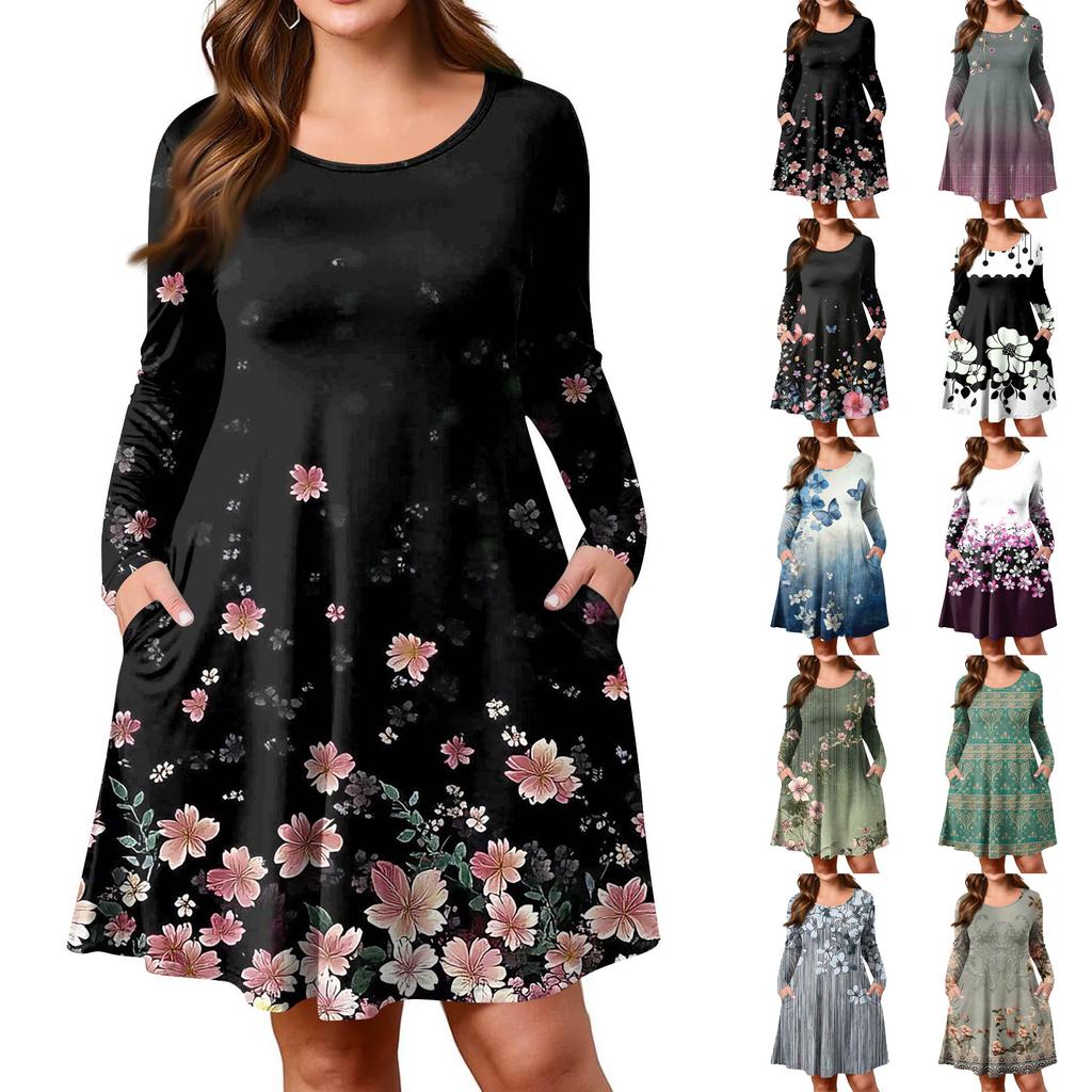 Plus Size Women's Gradient Print Casual Spring/Autumn Pocket Round Neck Long Sleeve Dress