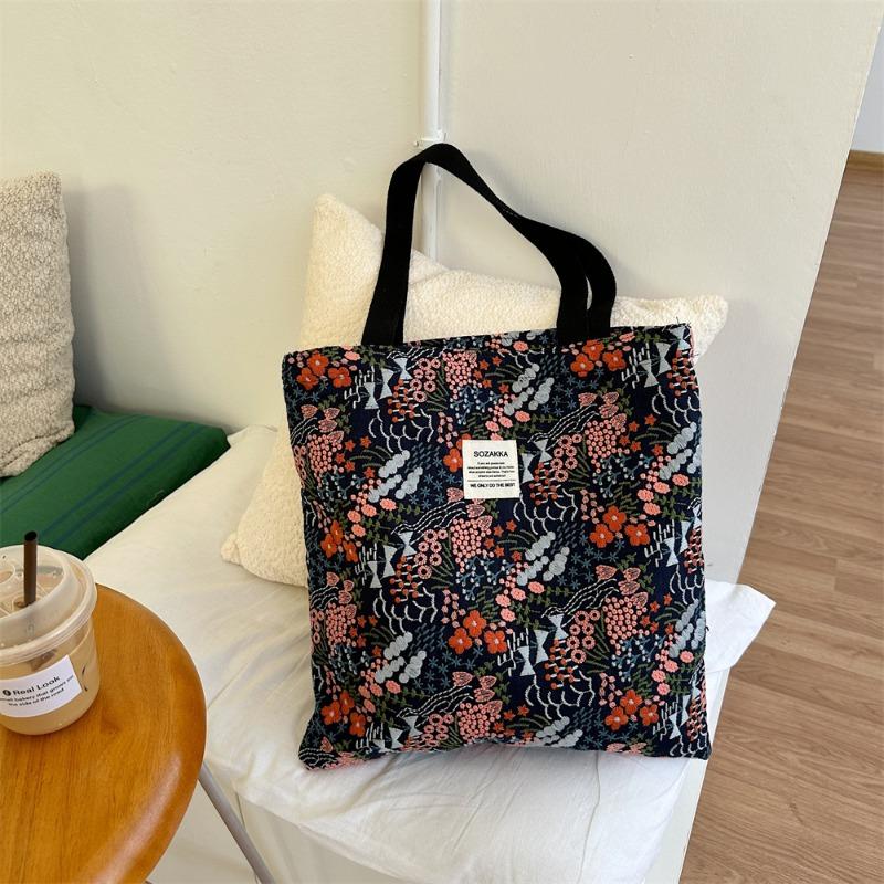 

4 small fresh embroidery broken flower canvas bag large capacity open shoulder bag women shopping portable tote bag