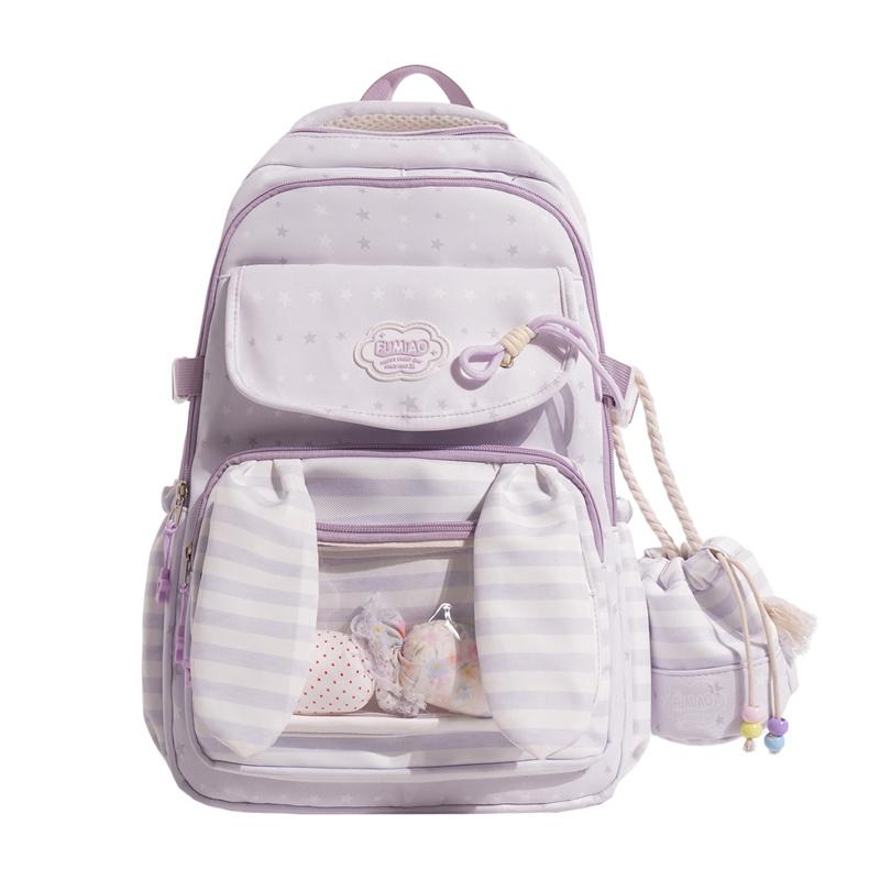 Cute Bunny Ear School Backpack with Clear Front Pocket Top Handle Casual Daypack for Girls Daily Use