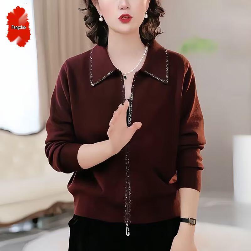 Fengxiao Women s Lapel Zipper Knit Cardigan Two-Piece Set 115