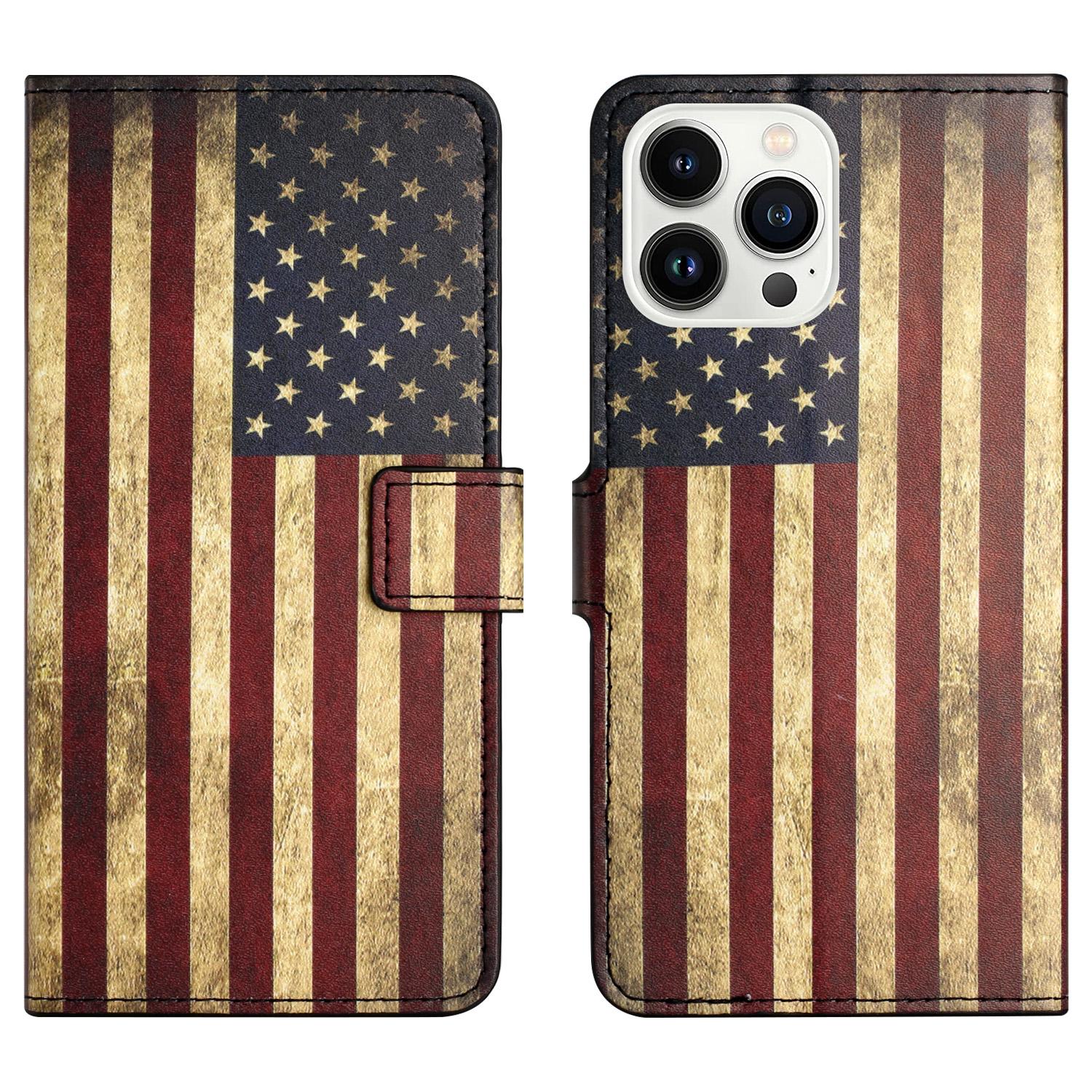 

For iPhone 15 Pro Max PU Leather Flip Protective Case Pattern Printing Stand Wallet Phone Cover The American Flag