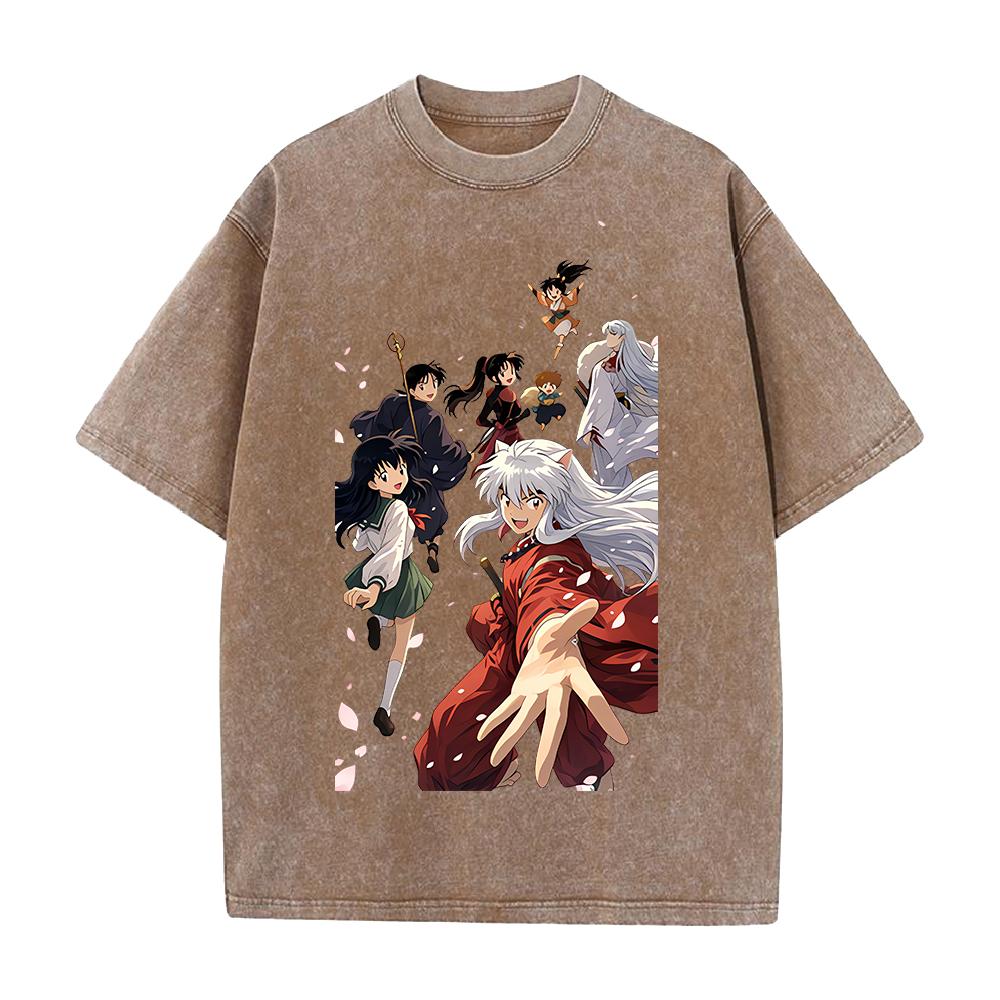 Kagome Miroku Sesshoumaru Print T-shirt Anime Inuyasha Clothing Men Women Cotton Tshirts Retro Washed T Shirt Harajuku Male Tops
