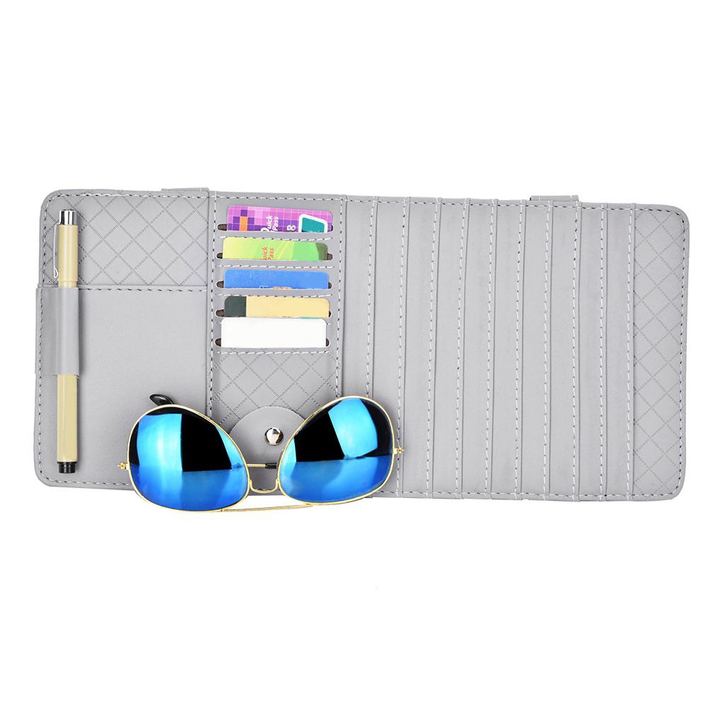 PU Leather Car Sun Visor Organizer CD Glasses Driving License Holder Car CD Sleeve Holder Gray