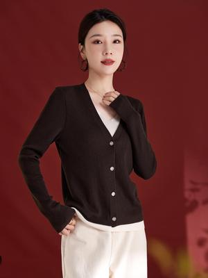 Autumn V-Neck Mulberry Silk Knitted Cardigan - Women's Long Sleeve, Loose Fit Sweater, Versatile Style