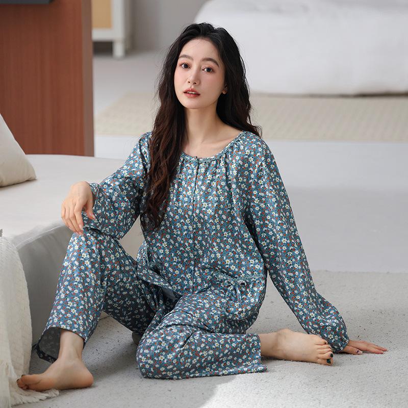 Pajamas Women's Spring and Autumn Woven Cotton Gauze Long-sleeved Small Floral 1011 New Pure Cotton Autumn Thin Loungewear