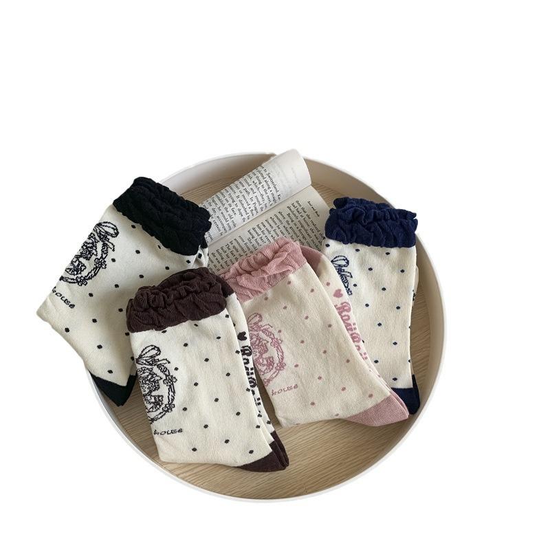 Bubble Mouth Line Doll Lolita Socks Women Vintage Polka Dot Slim Leg Socks Pure Cotton Mid-Leg Socks