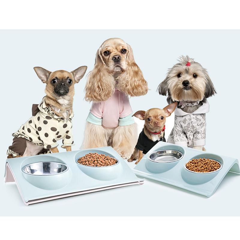 Stainless steel water bowl feeder solution dog and cat supplies double bowl pet dog and cat feeding table