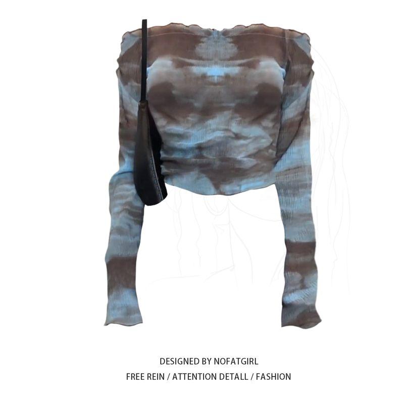 Plus Size Fat Sister Mesh off-Shoulder Long Sleeves Tops Sexy Stylish Silm Easiest for Match off-the-Shoulder Short T-shirt Fashion Top M