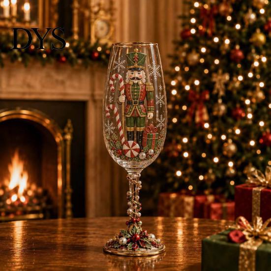 Unique Christmas Home Decor Nutcracker Champagne Glass, 350ml Hand Painted Holiday Wine High Borosilicate Glassware Decorative Drinkware for